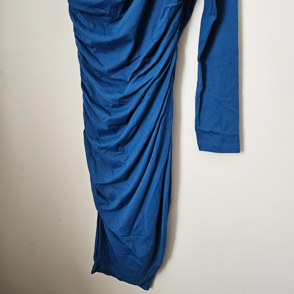 Susana Monaco Dress One Shoulder Ruched Sides Peacock Tulip Hem Mini Cocktail - Picture 4 of 12